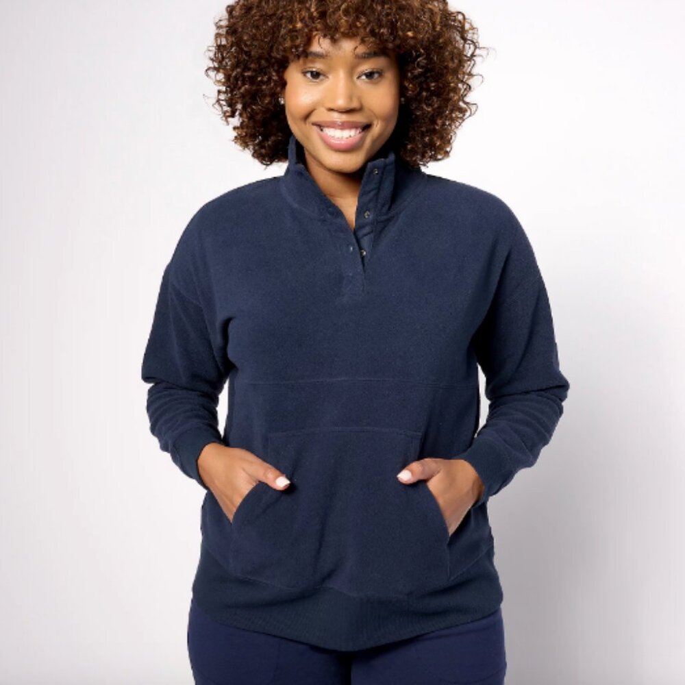 Anybody Lounge Polar Fleece Pop Over Henley Top , Navy Sz M a553803
